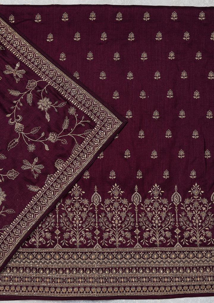 Wine Zariwork (Gold) Soft Raw Silk Unstitched Salwar Suit_koskii