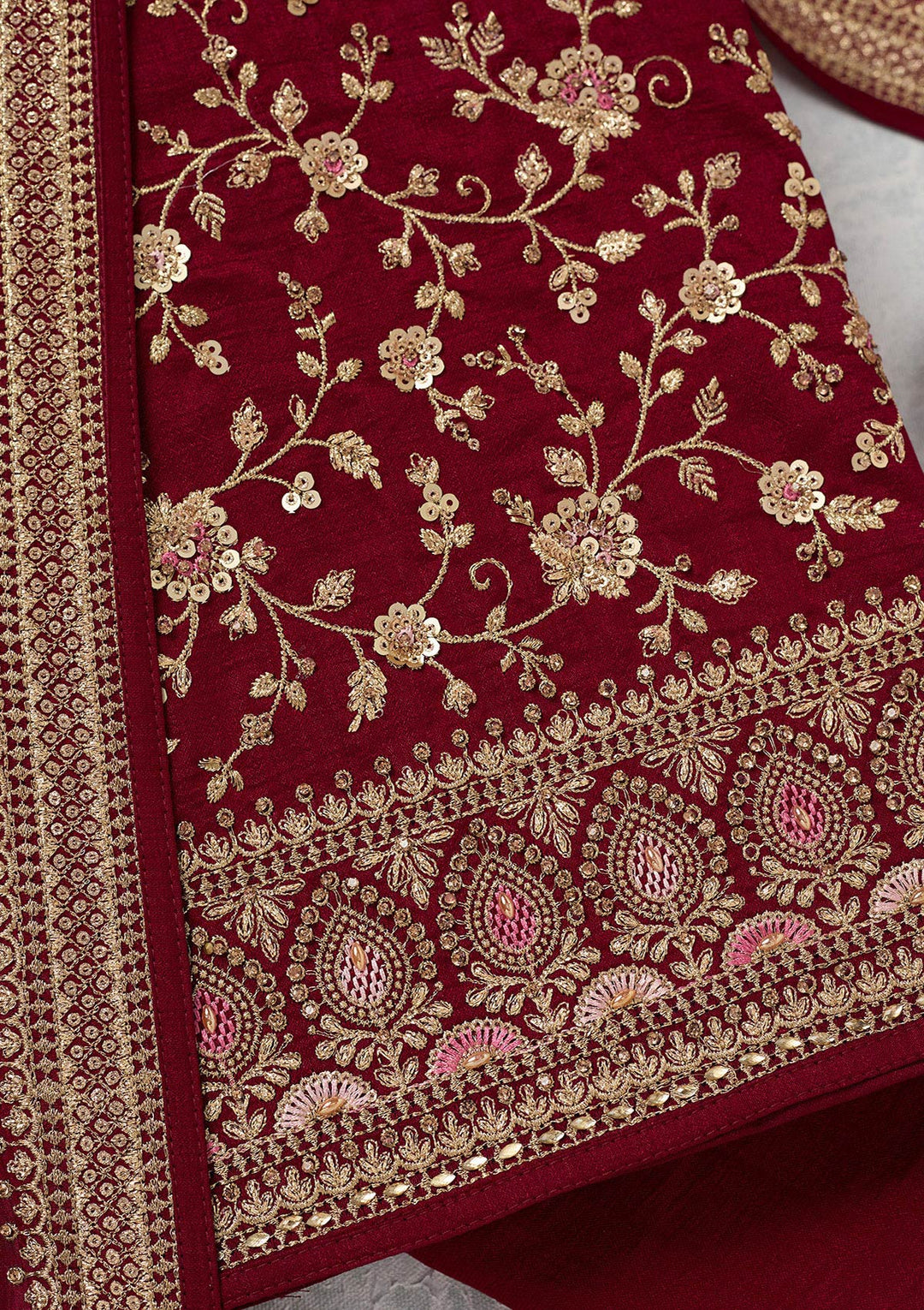 Maroon Zariwork (Gold) Soft Raw Silk Unstitched Salwar Suit-Koskii