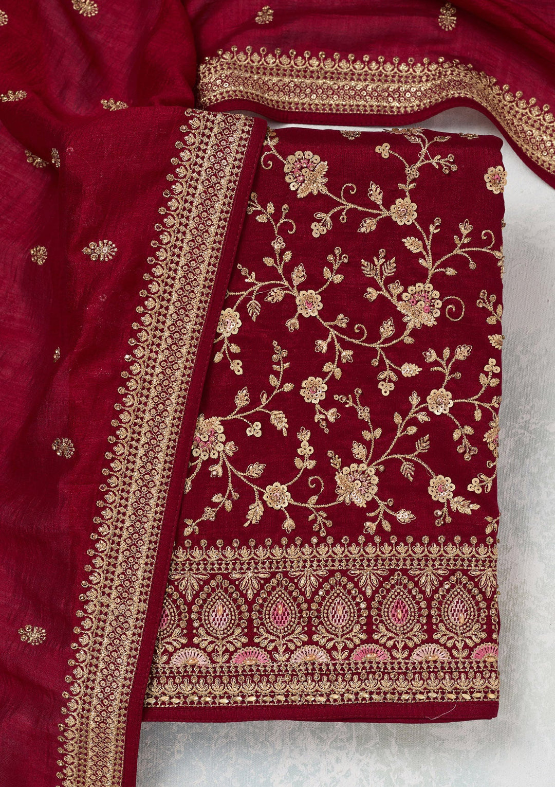 Maroon Zariwork (Gold) Soft Raw Silk Unstitched Salwar Suit-Koskii