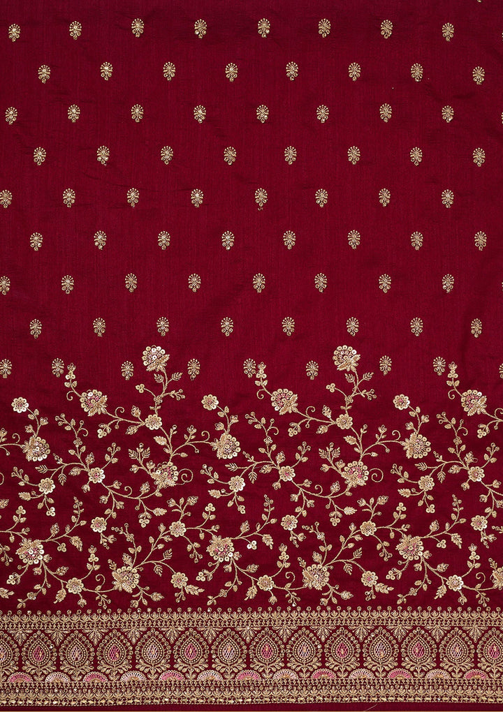 Maroon Zariwork (Gold) Soft Raw Silk Unstitched Salwar Suit-Koskii