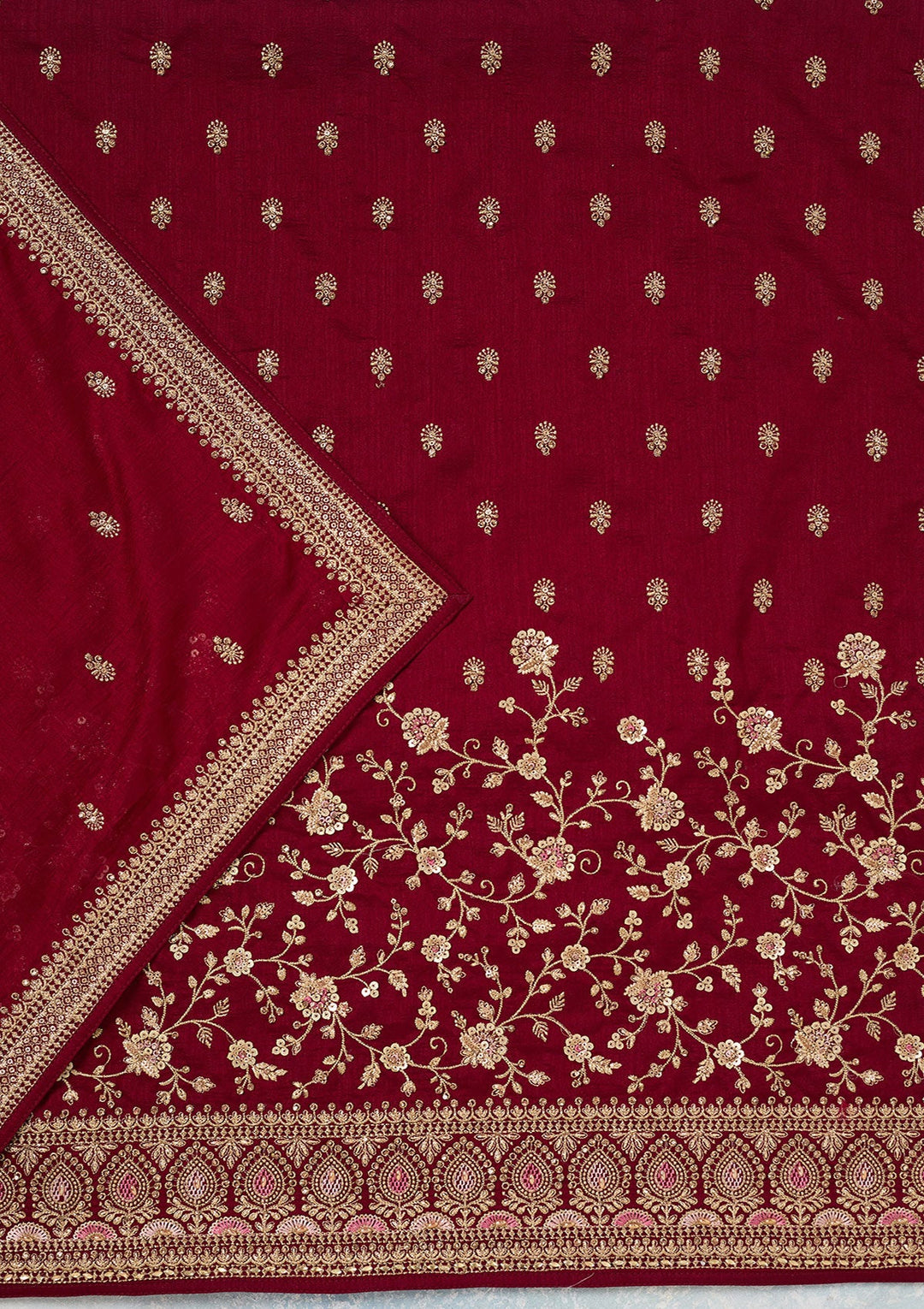 Maroon Zariwork (Gold) Soft Raw Silk Unstitched Salwar Suit-Koskii