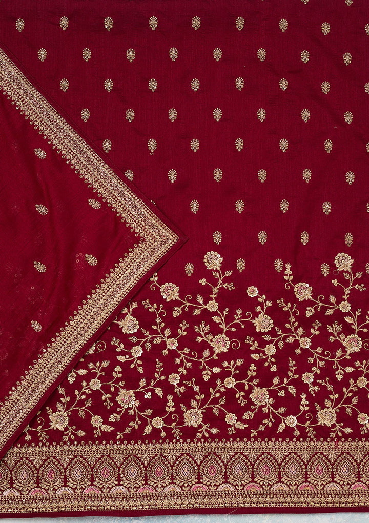 Maroon Zariwork (Gold) Soft Raw Silk Unstitched Salwar Suit-Koskii