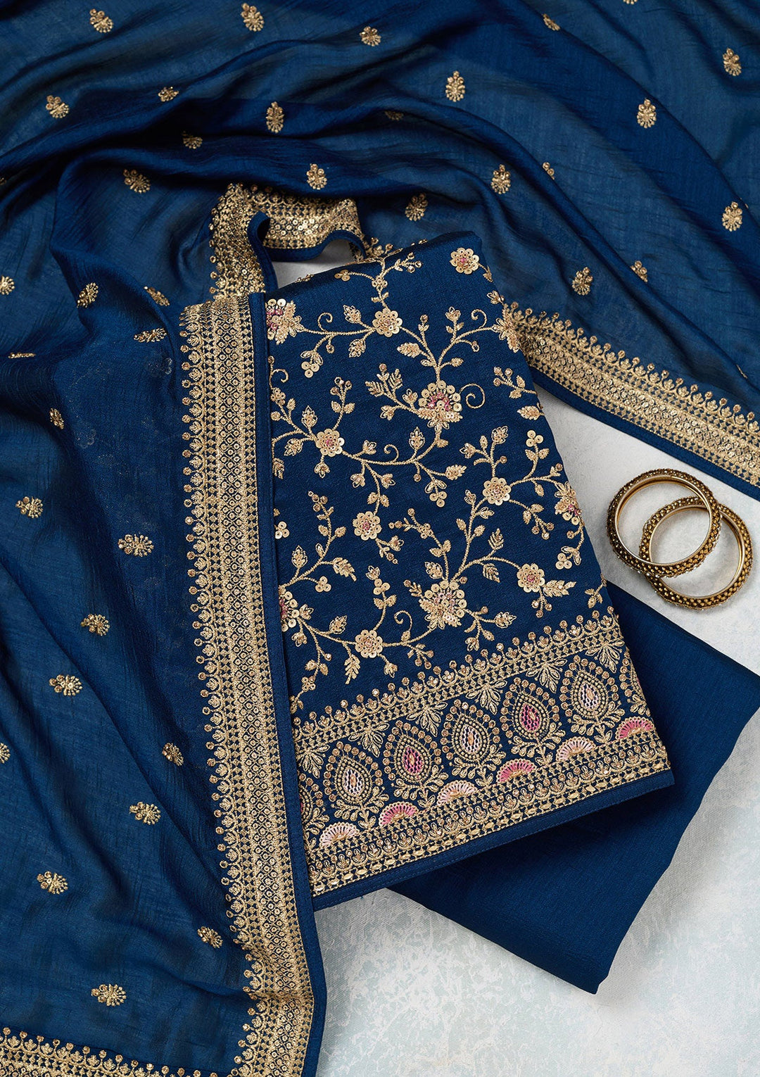 Peacock Blue Zariwork (Gold) Soft Raw Silk Unstitched Salwar Suit-Koskii