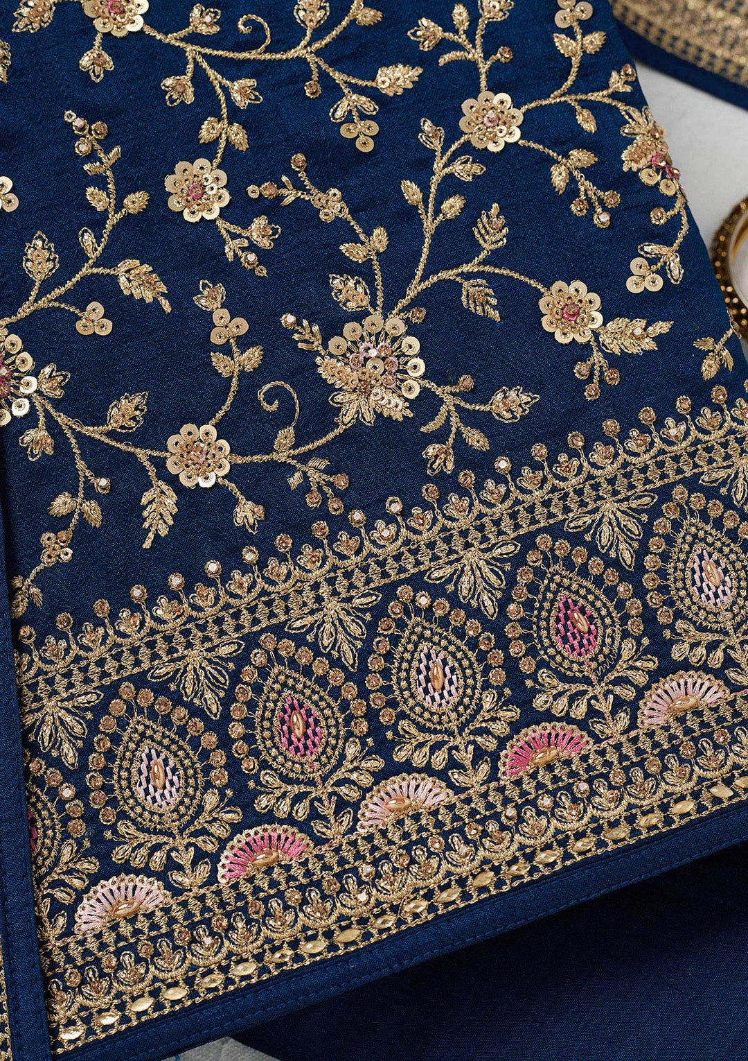 Peacock Blue Zariwork (Gold) Soft Raw Silk Unstitched Salwar Suit-Koskii
