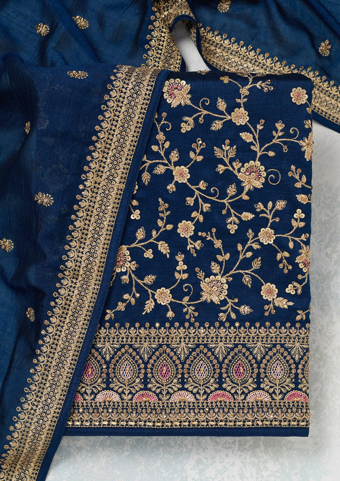 Peacock Blue Zariwork (Gold) Soft Raw Silk Unstitched Salwar Suit-Koskii