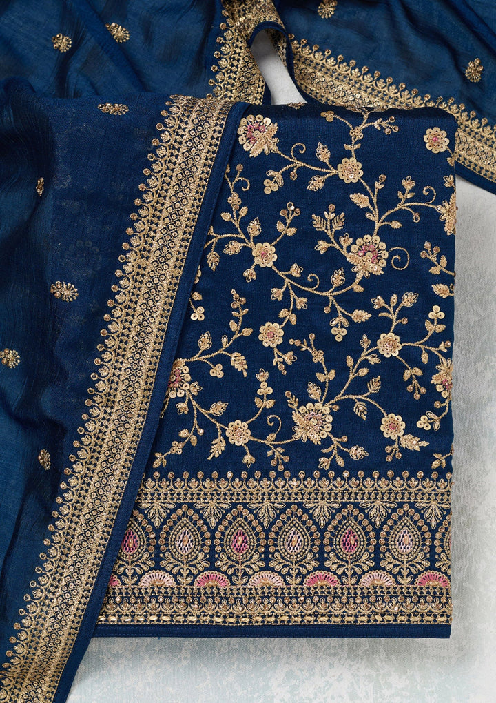 Peacock Blue Zariwork (Gold) Soft Raw Silk Unstitched Salwar Suit-Koskii