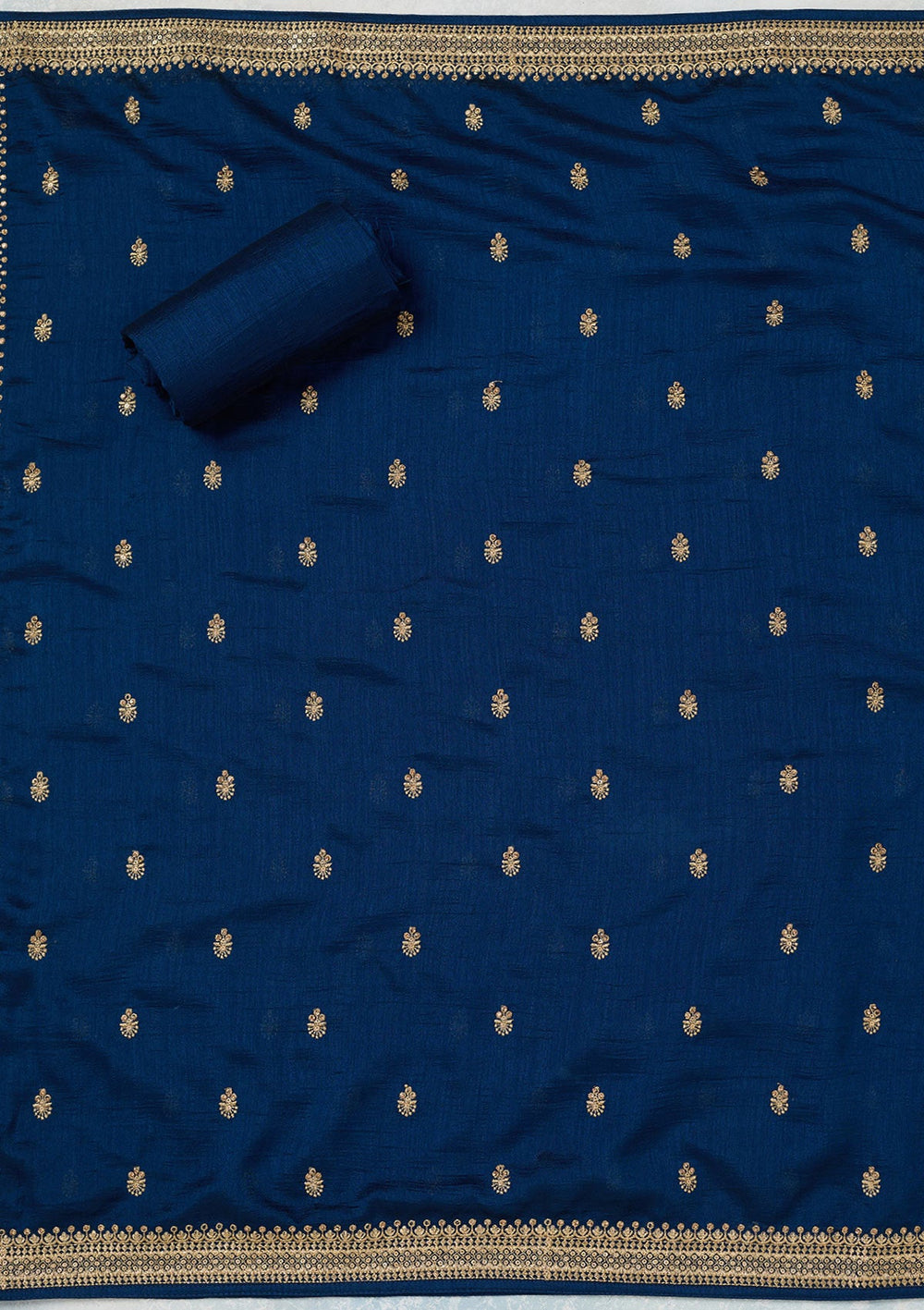 Peacock Blue Zariwork (Gold) Soft Raw Silk Unstitched Salwar Suit-Koskii