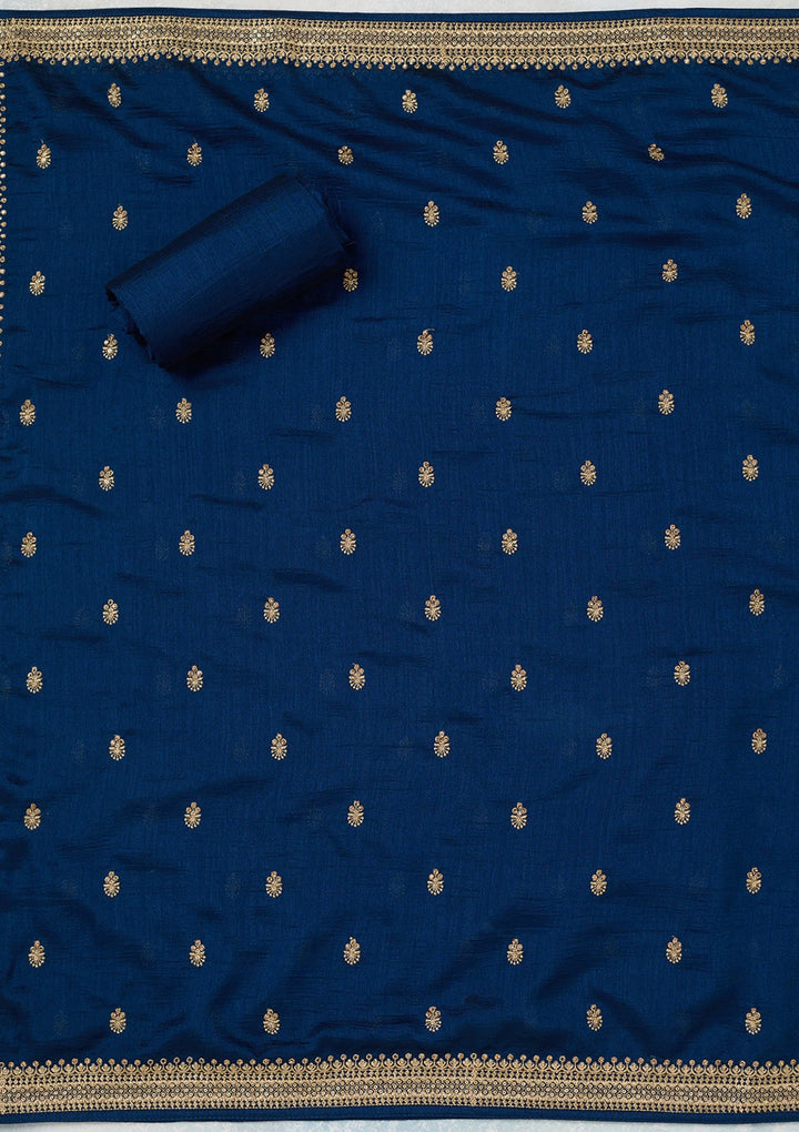 Peacock Blue Zariwork (Gold) Soft Raw Silk Unstitched Salwar Suit-Koskii