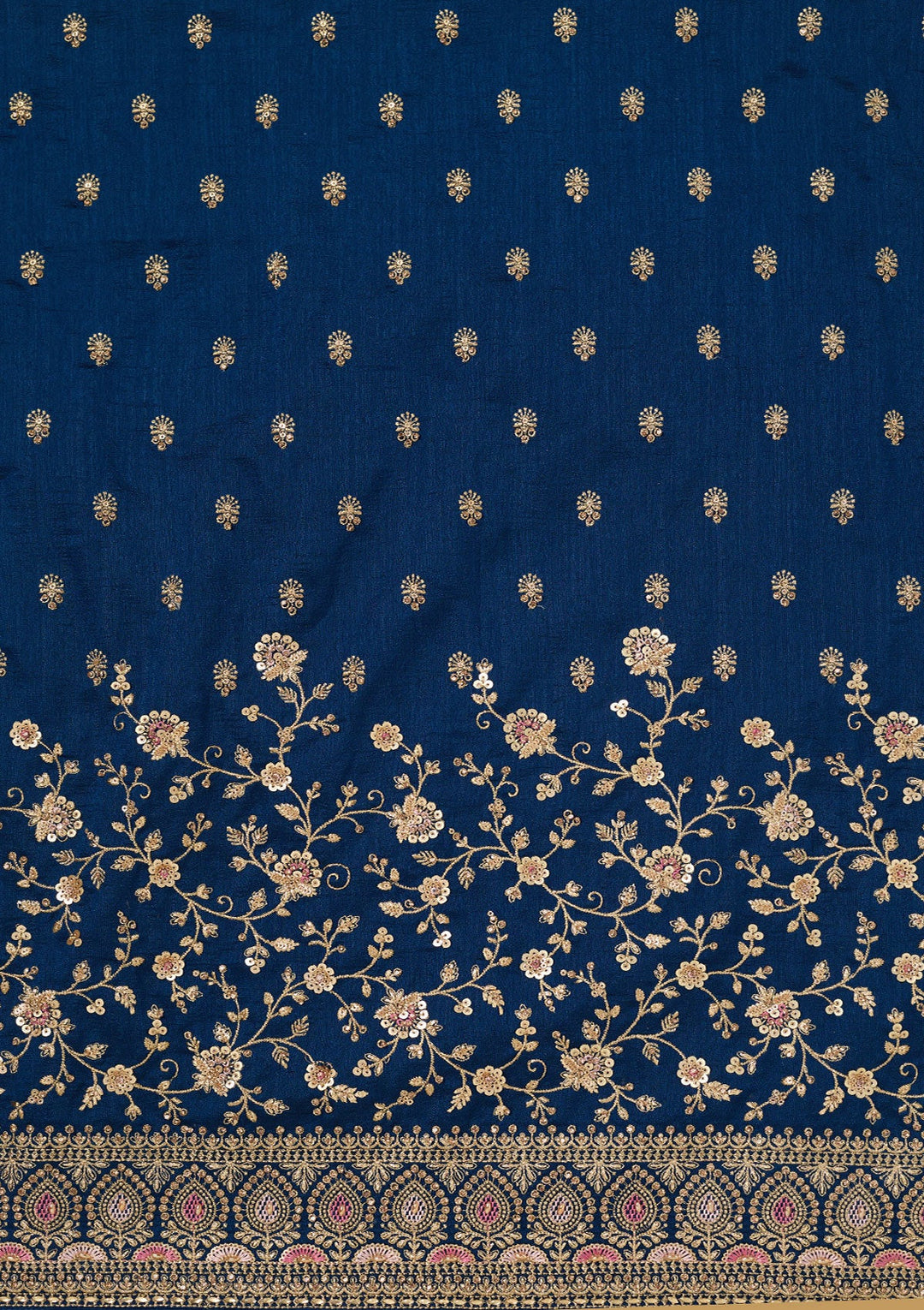 Peacock Blue Zariwork (Gold) Soft Raw Silk Unstitched Salwar Suit-Koskii