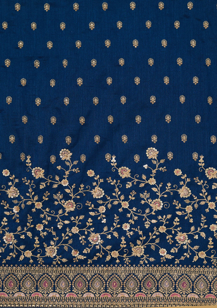 Peacock Blue Zariwork (Gold) Soft Raw Silk Unstitched Salwar Suit-Koskii
