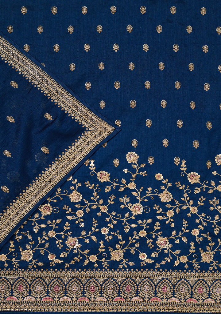 Peacock Blue Zariwork (Gold) Soft Raw Silk Unstitched Salwar Suit-Koskii