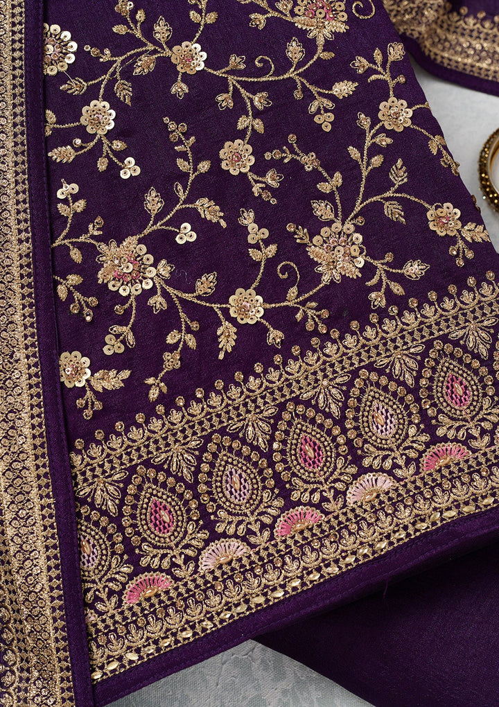 Purple Zariwork (Gold) Soft Raw Silk Unstitched Salwar Suit-Koskii