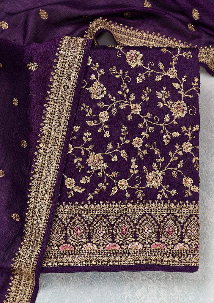 Purple Zariwork (Gold) Soft Raw Silk Unstitched Salwar Suit-Koskii