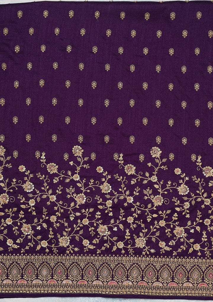 Purple Zariwork (Gold) Soft Raw Silk Unstitched Salwar Suit-Koskii