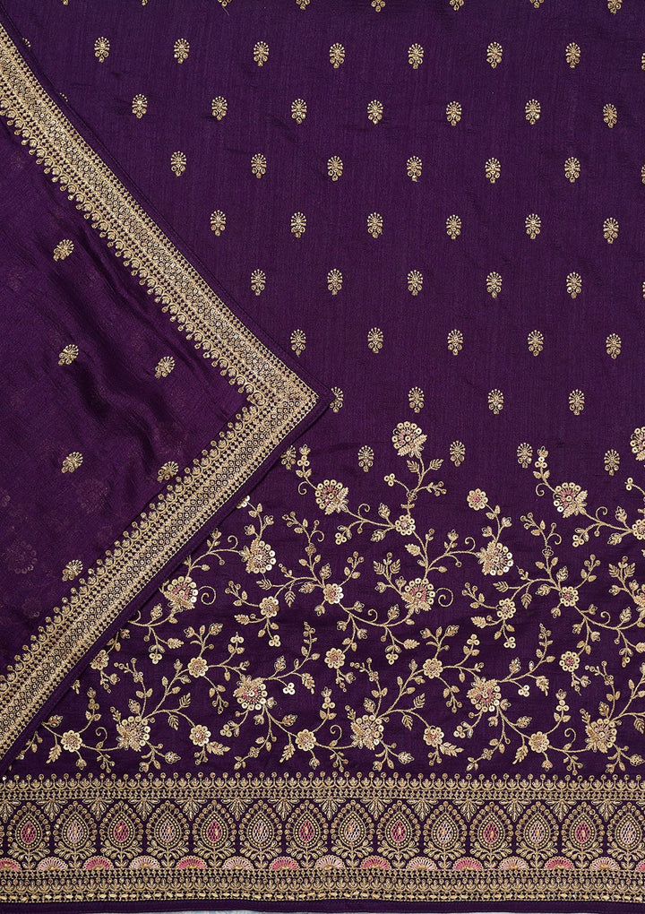 Purple Zariwork (Gold) Soft Raw Silk Unstitched Salwar Suit-Koskii