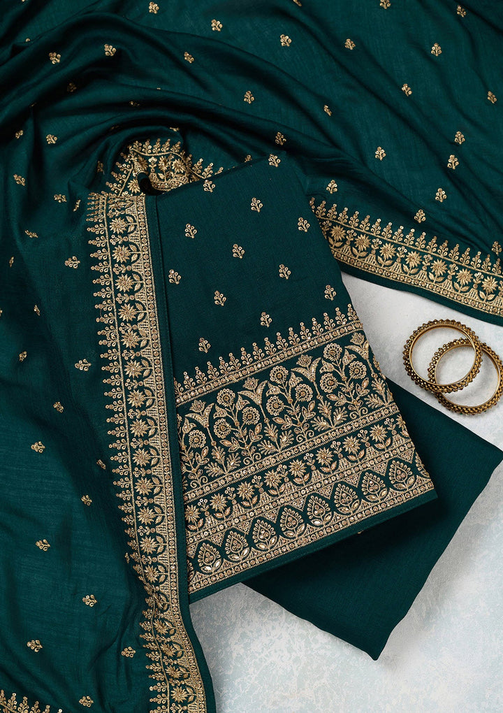 Bottle Green Zariwork (Gold) Soft Raw Silk Unstitched Salwar Suit-Koskii
