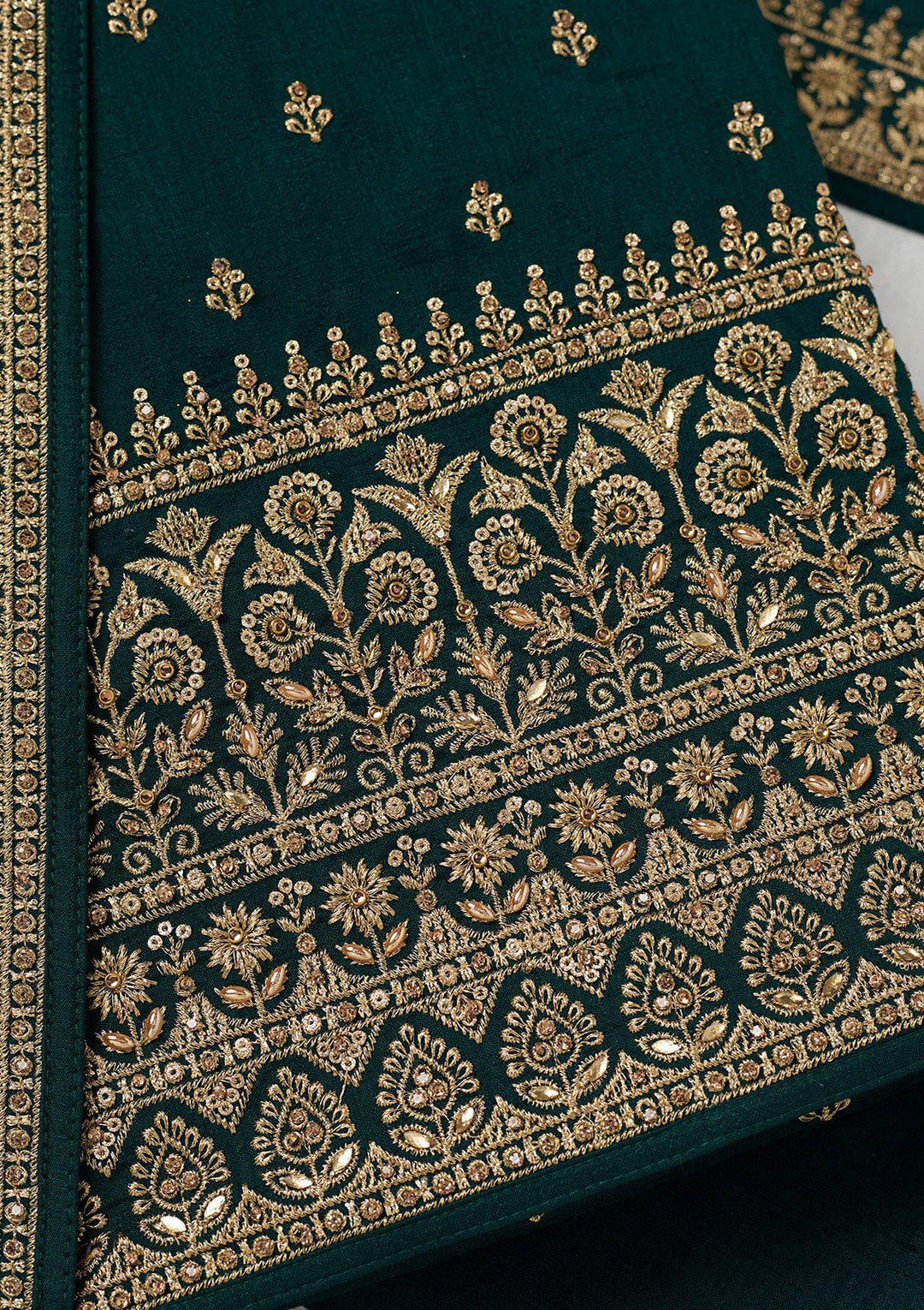 Bottle Green Zariwork (Gold) Soft Raw Silk Unstitched Salwar Suit-Koskii