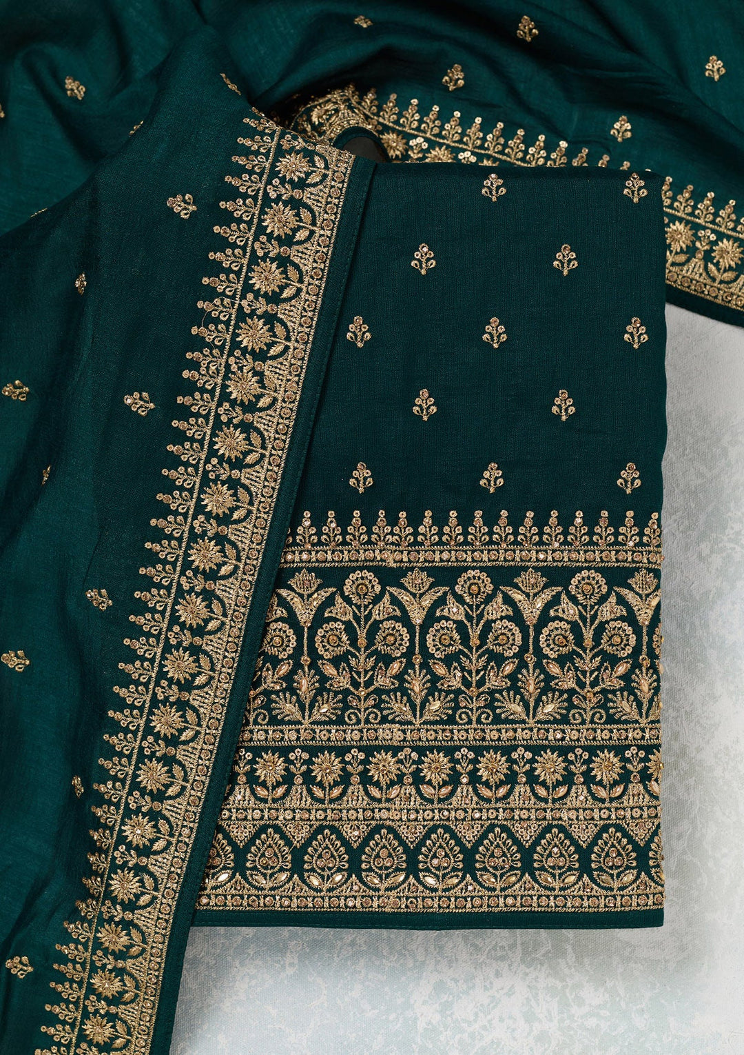 Bottle Green Zariwork (Gold) Soft Raw Silk Unstitched Salwar Suit-Koskii