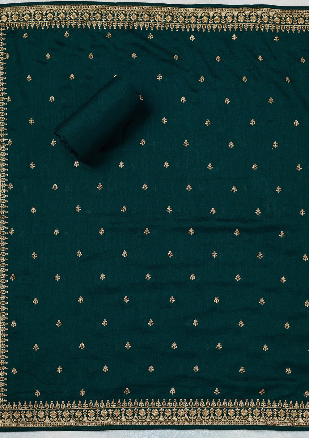 Bottle Green Zariwork (Gold) Soft Raw Silk Unstitched Salwar Suit-Koskii