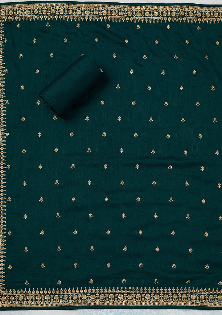 Bottle Green Zariwork (Gold) Soft Raw Silk Unstitched Salwar Suit-Koskii