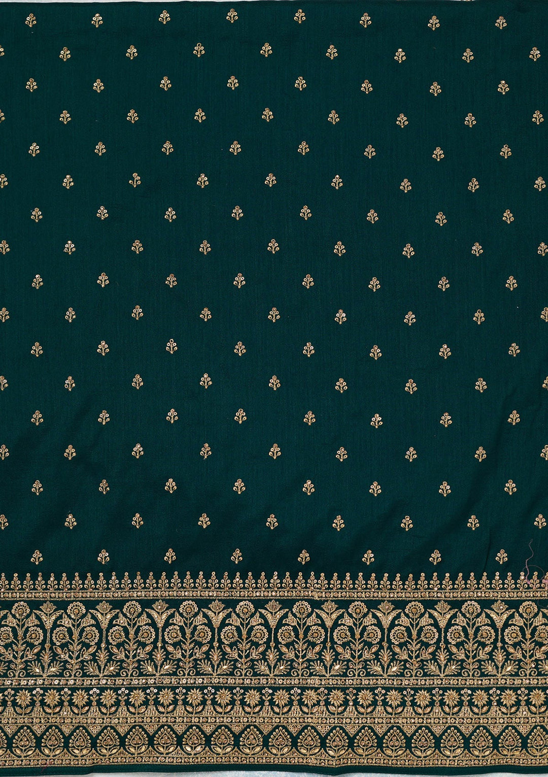 Bottle Green Zariwork (Gold) Soft Raw Silk Unstitched Salwar Suit-Koskii