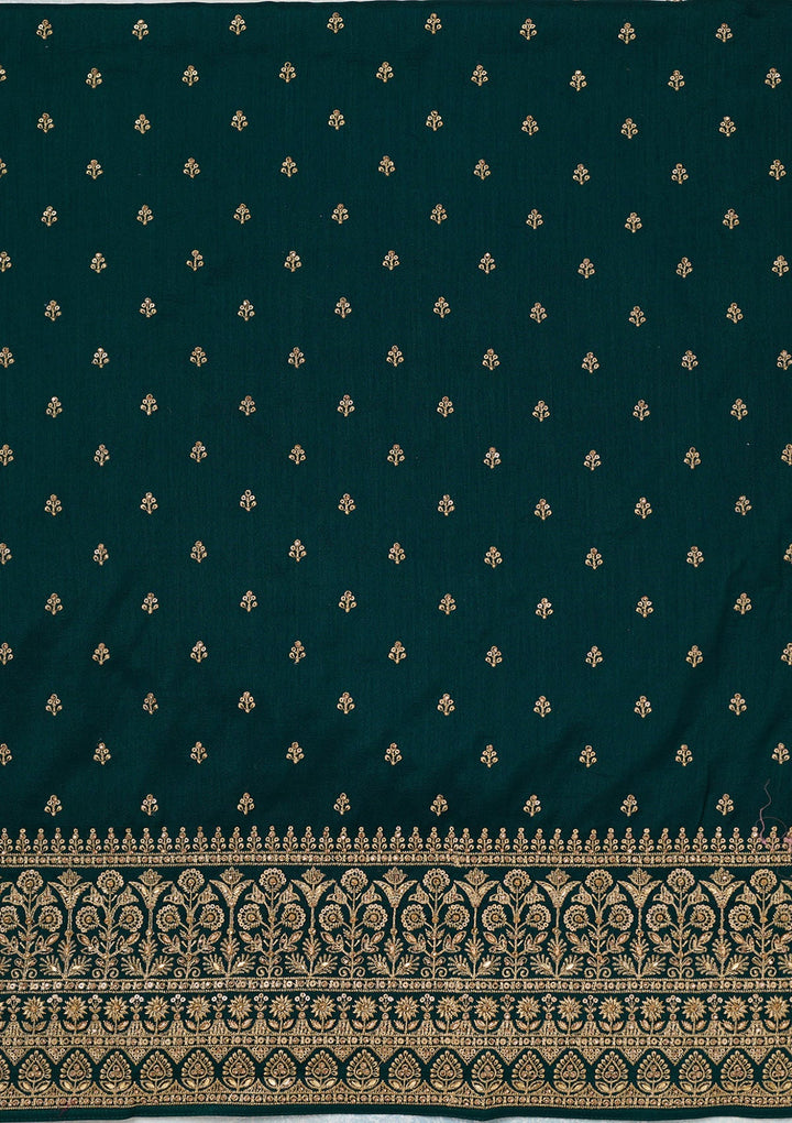 Bottle Green Zariwork (Gold) Soft Raw Silk Unstitched Salwar Suit-Koskii