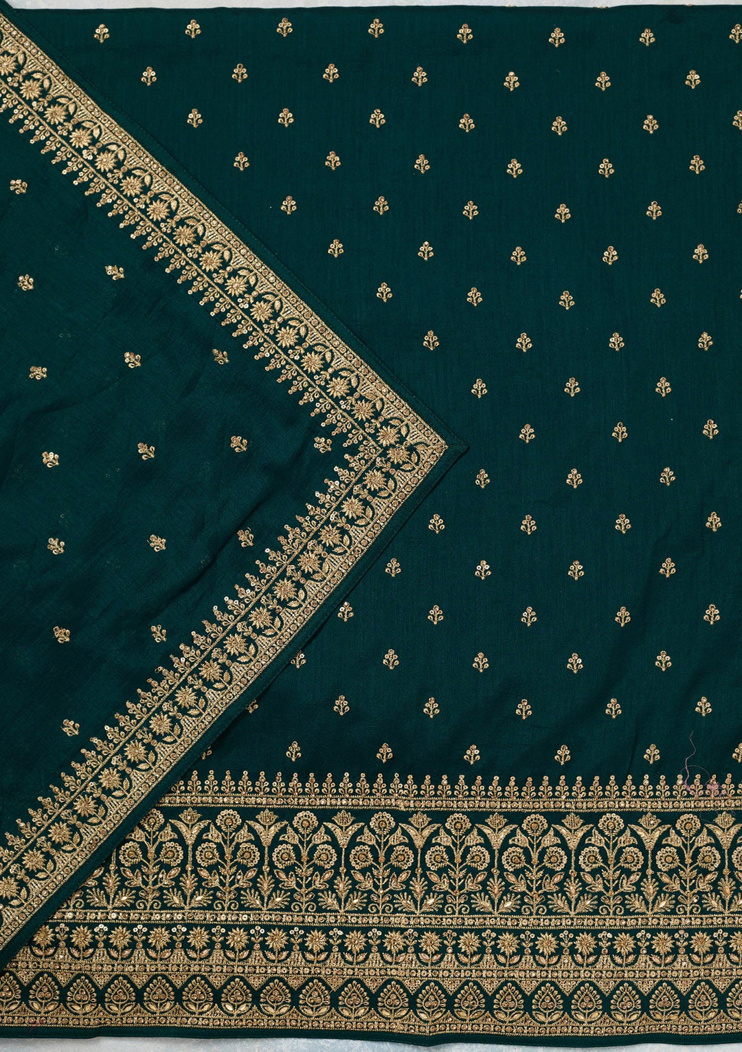 Bottle Green Zariwork (Gold) Soft Raw Silk Unstitched Salwar Suit-Koskii