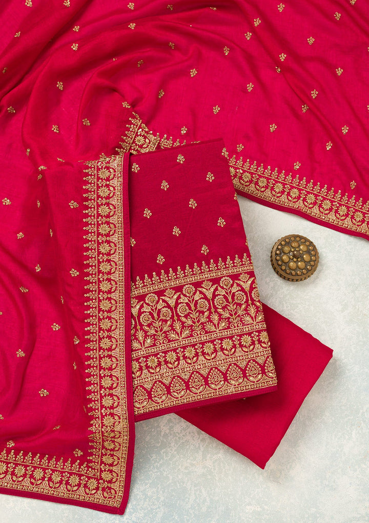 Rani Pink Cording Soft Raw Silk Unstitched Salwar Suit