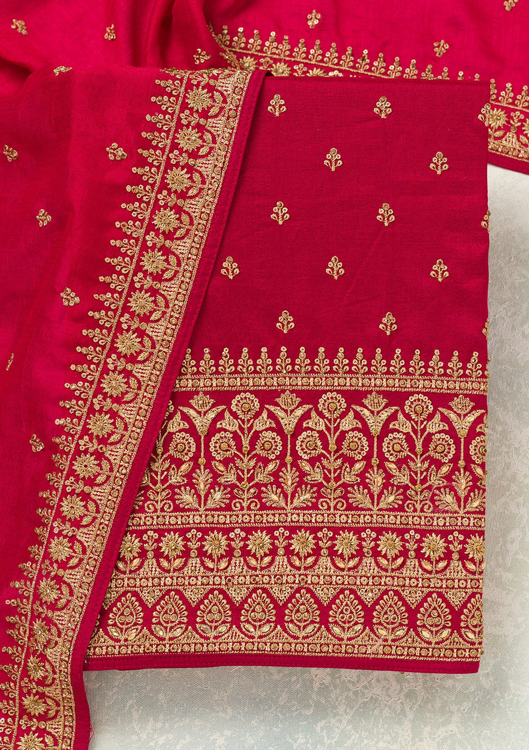 Rani Pink Cording Soft Raw Silk Unstitched Salwar Suit