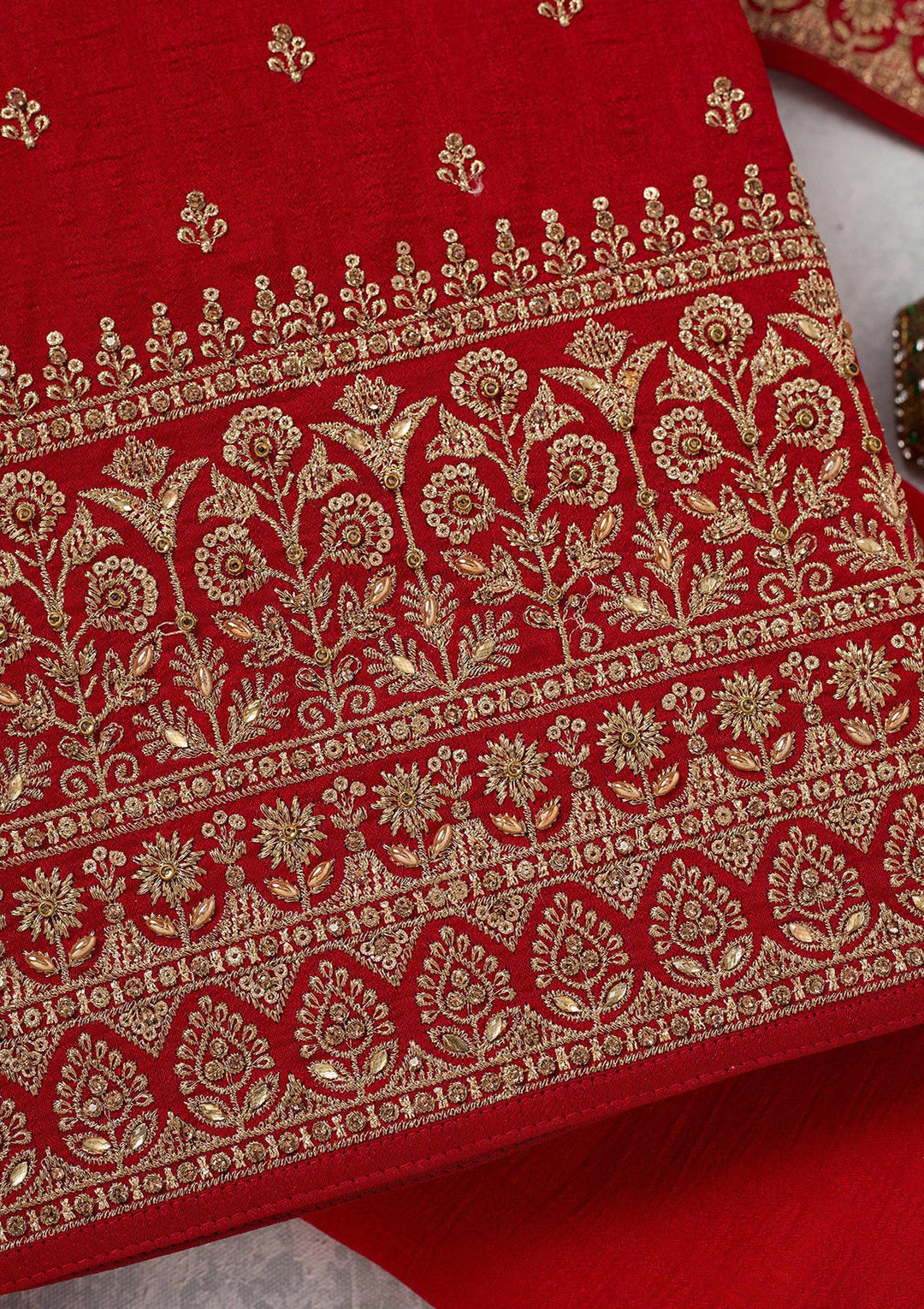 Red Zariwork (Gold) Soft Raw Silk Unstitched Salwar Suit-Koskii