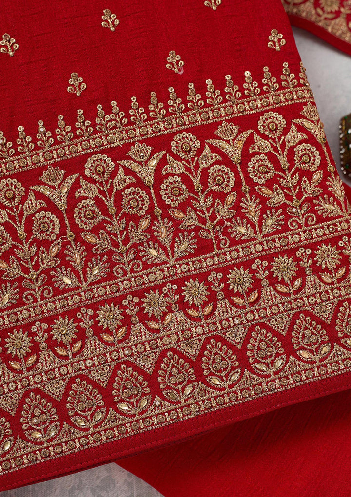 Red Zariwork (Gold) Soft Raw Silk Unstitched Salwar Suit-Koskii