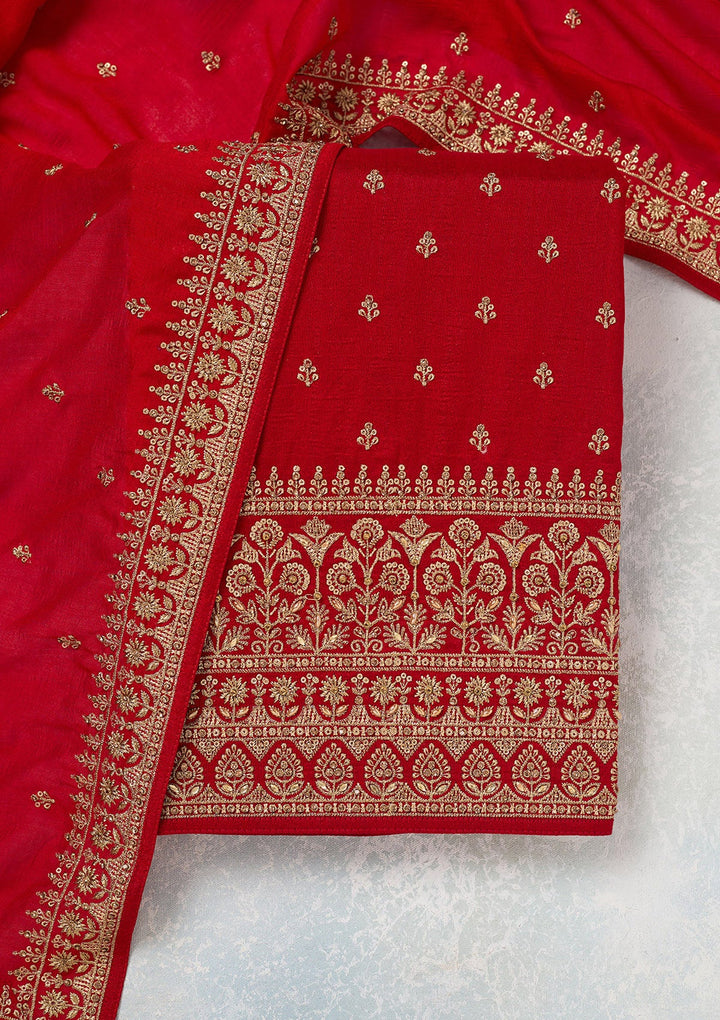 Red Zariwork (Gold) Soft Raw Silk Unstitched Salwar Suit-Koskii