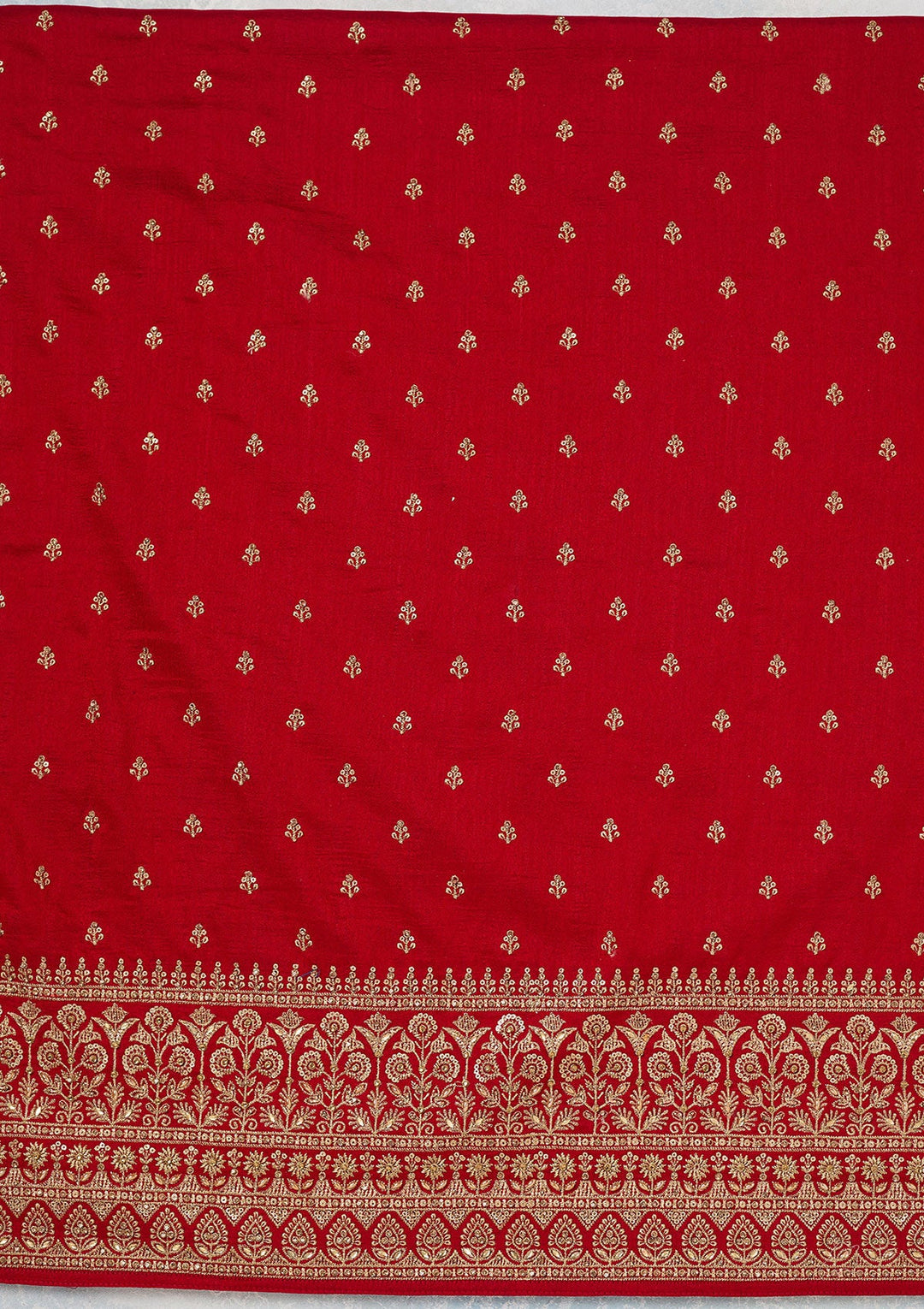 Red Zariwork (Gold) Soft Raw Silk Unstitched Salwar Suit-Koskii