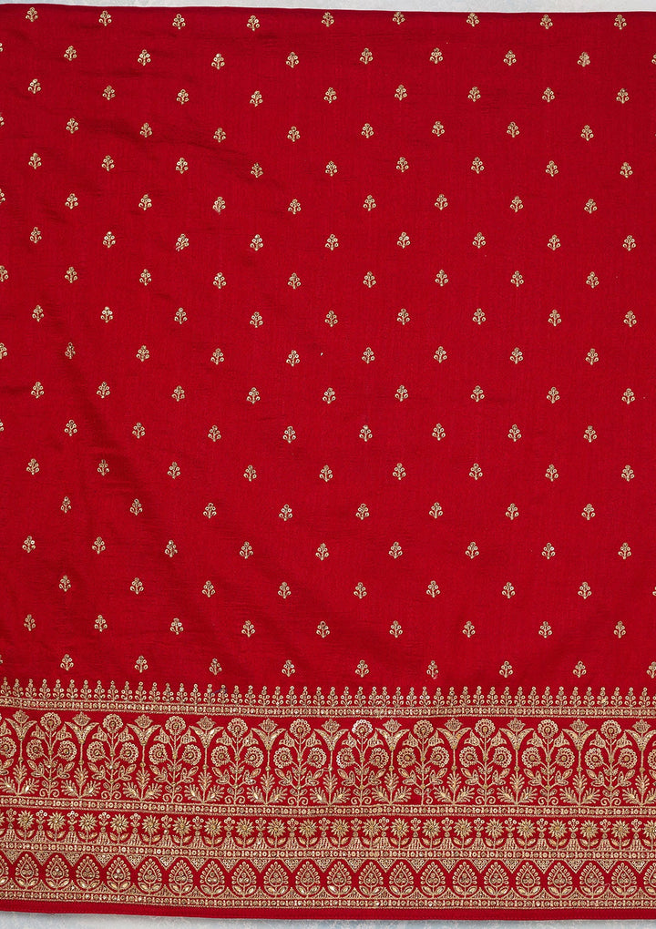 Red Zariwork (Gold) Soft Raw Silk Unstitched Salwar Suit-Koskii