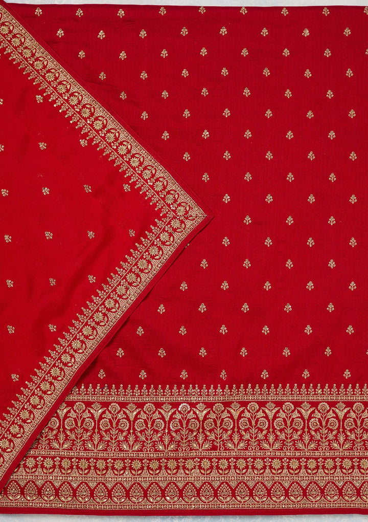 Red Zariwork (Gold) Soft Raw Silk Unstitched Salwar Suit-Koskii