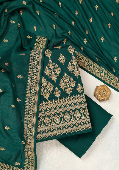 Bottle Green Zariwork (Gold) Soft Raw Silk Unstitched Salwar Suit-Koskii