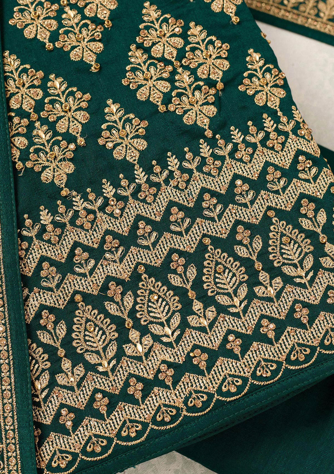 Bottle Green Zariwork (Gold) Soft Raw Silk Unstitched Salwar Suit-Koskii