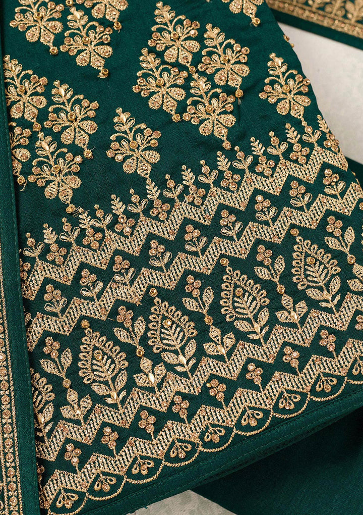 Bottle Green Zariwork (Gold) Soft Raw Silk Unstitched Salwar Suit-Koskii