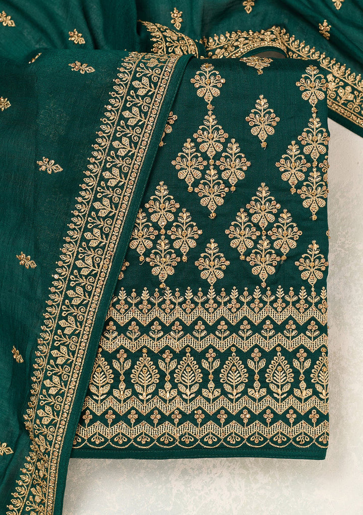 Bottle Green Zariwork (Gold) Soft Raw Silk Unstitched Salwar Suit-Koskii