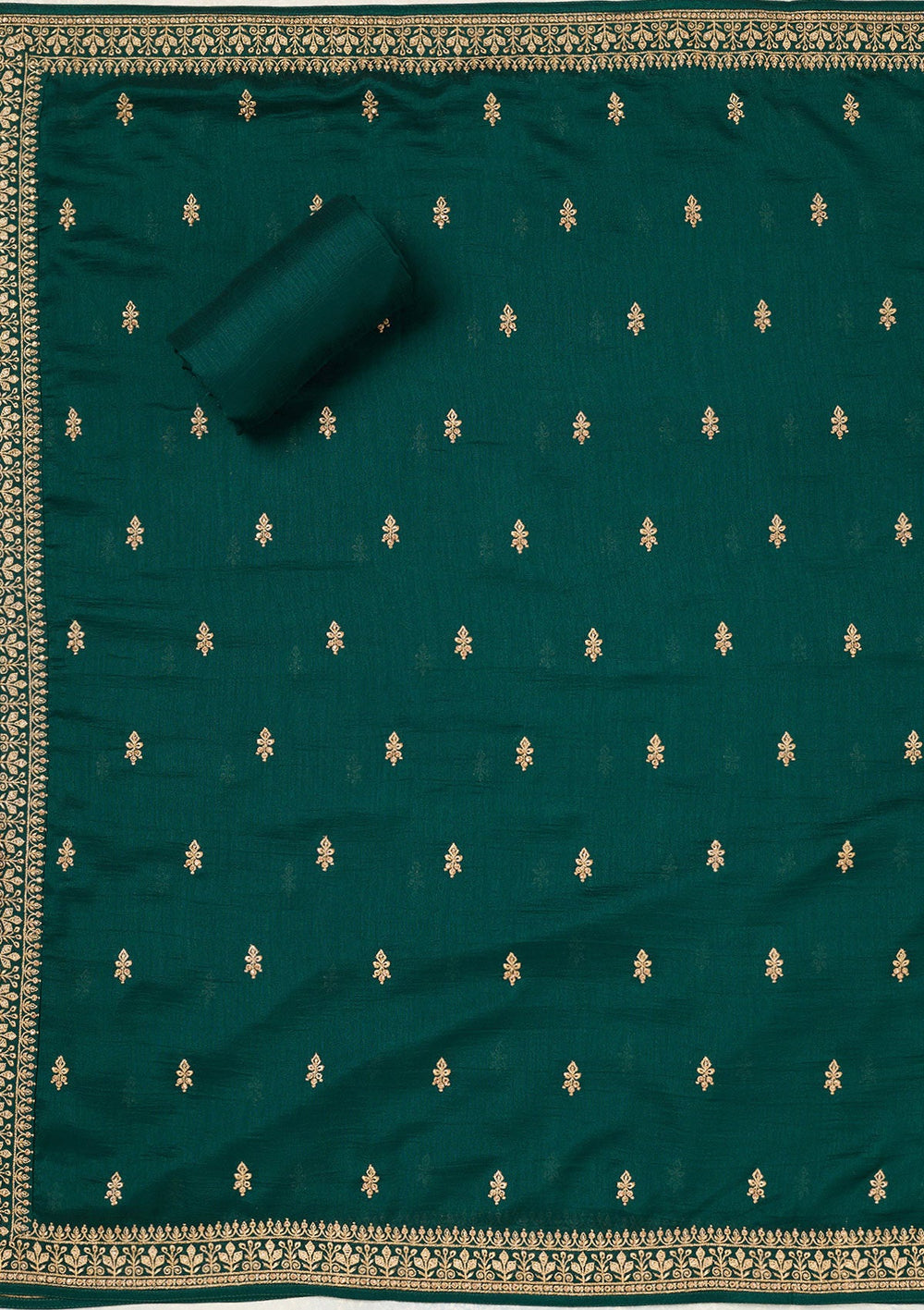 Bottle Green Zariwork (Gold) Soft Raw Silk Unstitched Salwar Suit-Koskii
