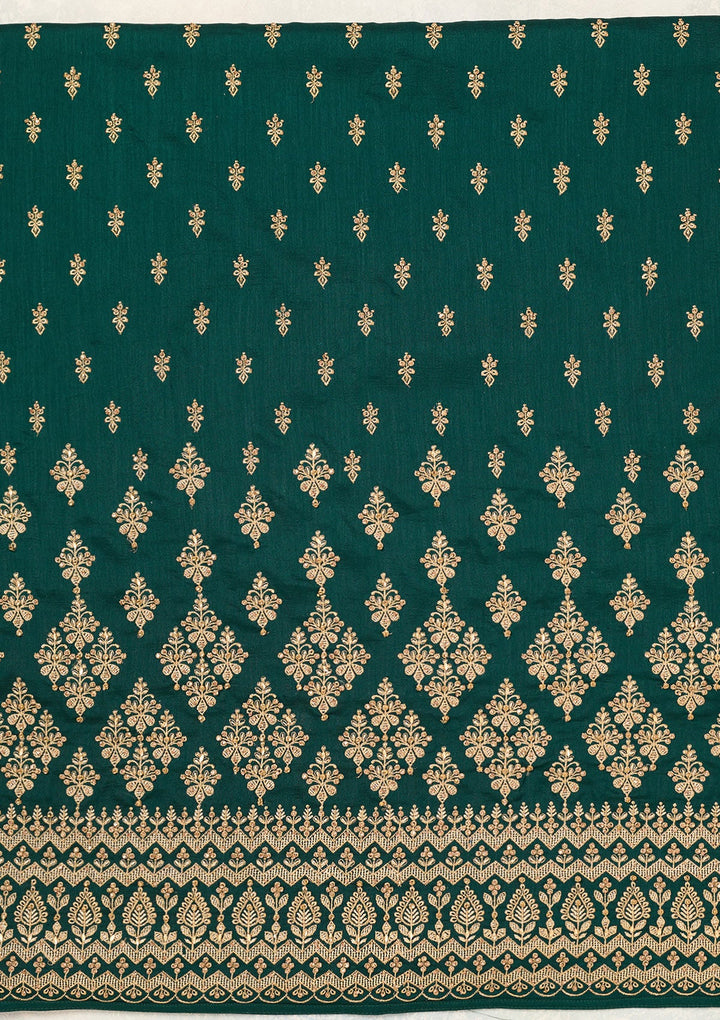 Bottle Green Zariwork (Gold) Soft Raw Silk Unstitched Salwar Suit-Koskii