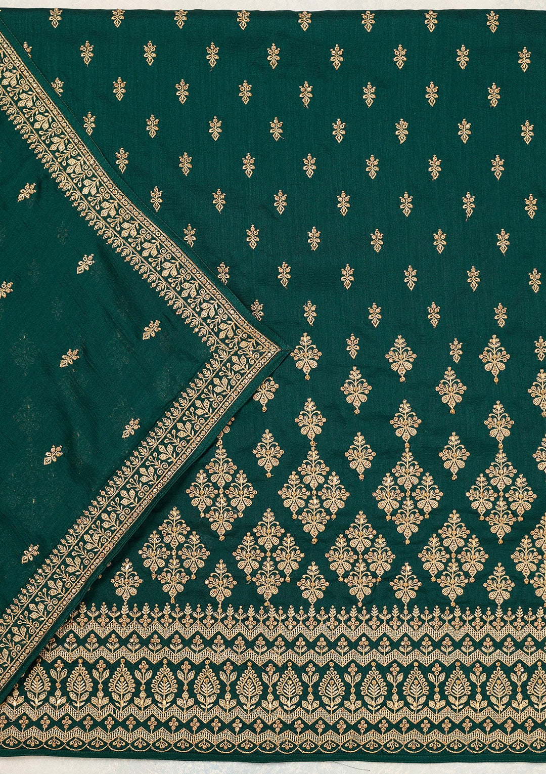 Bottle Green Zariwork (Gold) Soft Raw Silk Unstitched Salwar Suit-Koskii