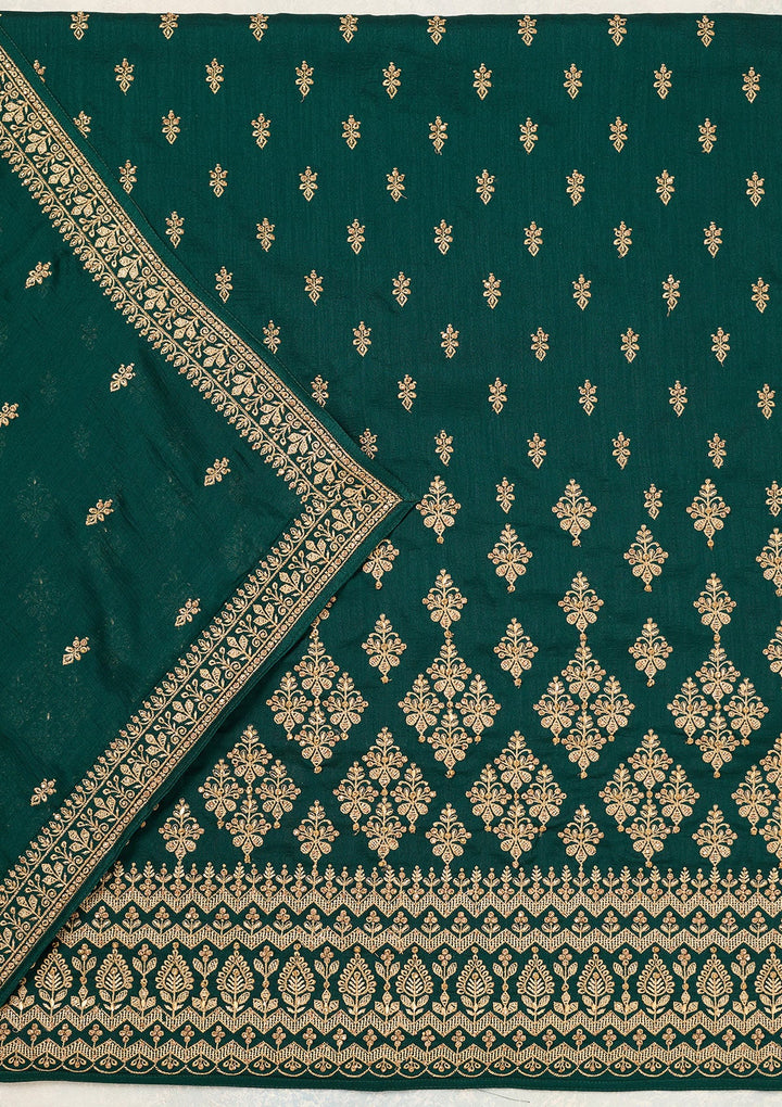 Bottle Green Zariwork (Gold) Soft Raw Silk Unstitched Salwar Suit-Koskii
