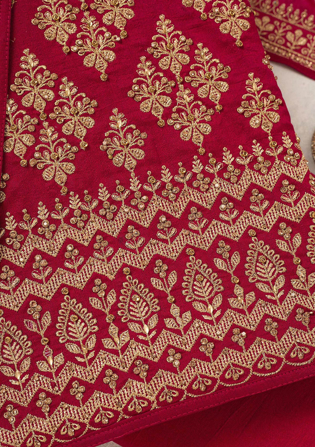 Rani Pink Zariwork (Gold) Soft Raw Silk Unstitched Salwar Suit-Koskii