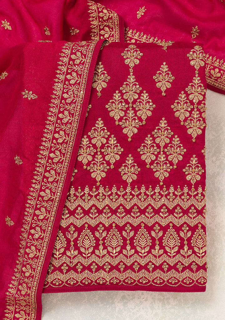 Rani Pink Zariwork (Gold) Soft Raw Silk Unstitched Salwar Suit-Koskii