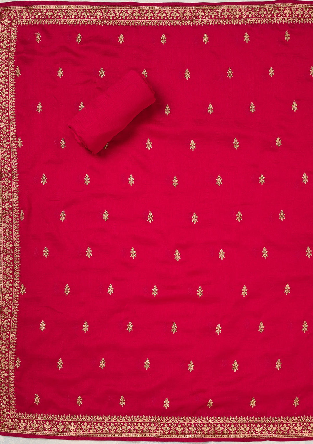 Rani Pink Zariwork (Gold) Soft Raw Silk Unstitched Salwar Suit-Koskii