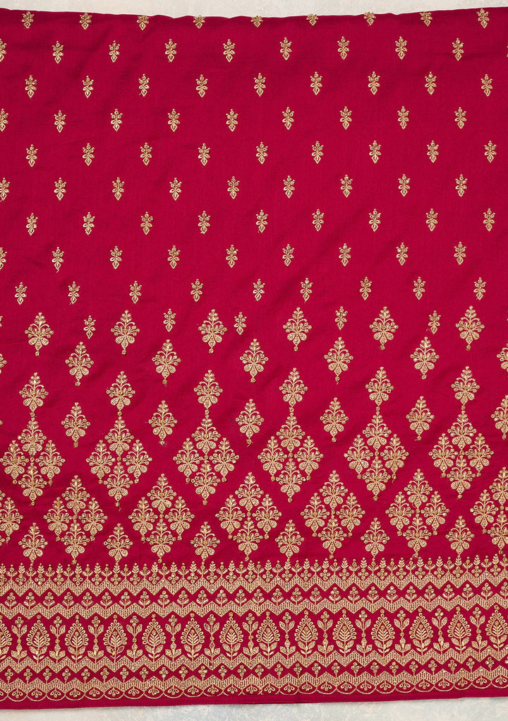 Rani Pink Zariwork (Gold) Soft Raw Silk Unstitched Salwar Suit-Koskii