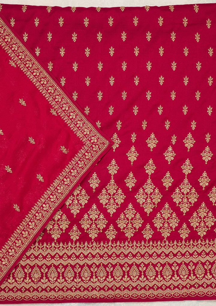 Rani Pink Zariwork (Gold) Soft Raw Silk Unstitched Salwar Suit-Koskii