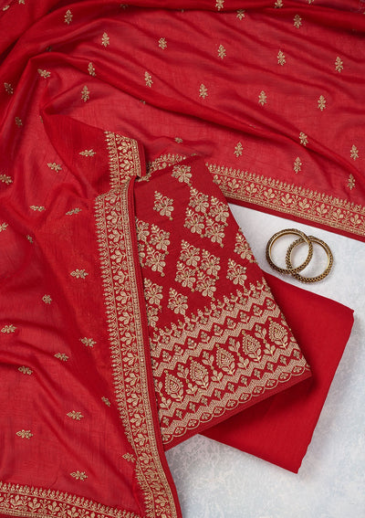 Red Zariwork (Gold) Soft Raw Silk Unstitched Salwar Suit-Koskii