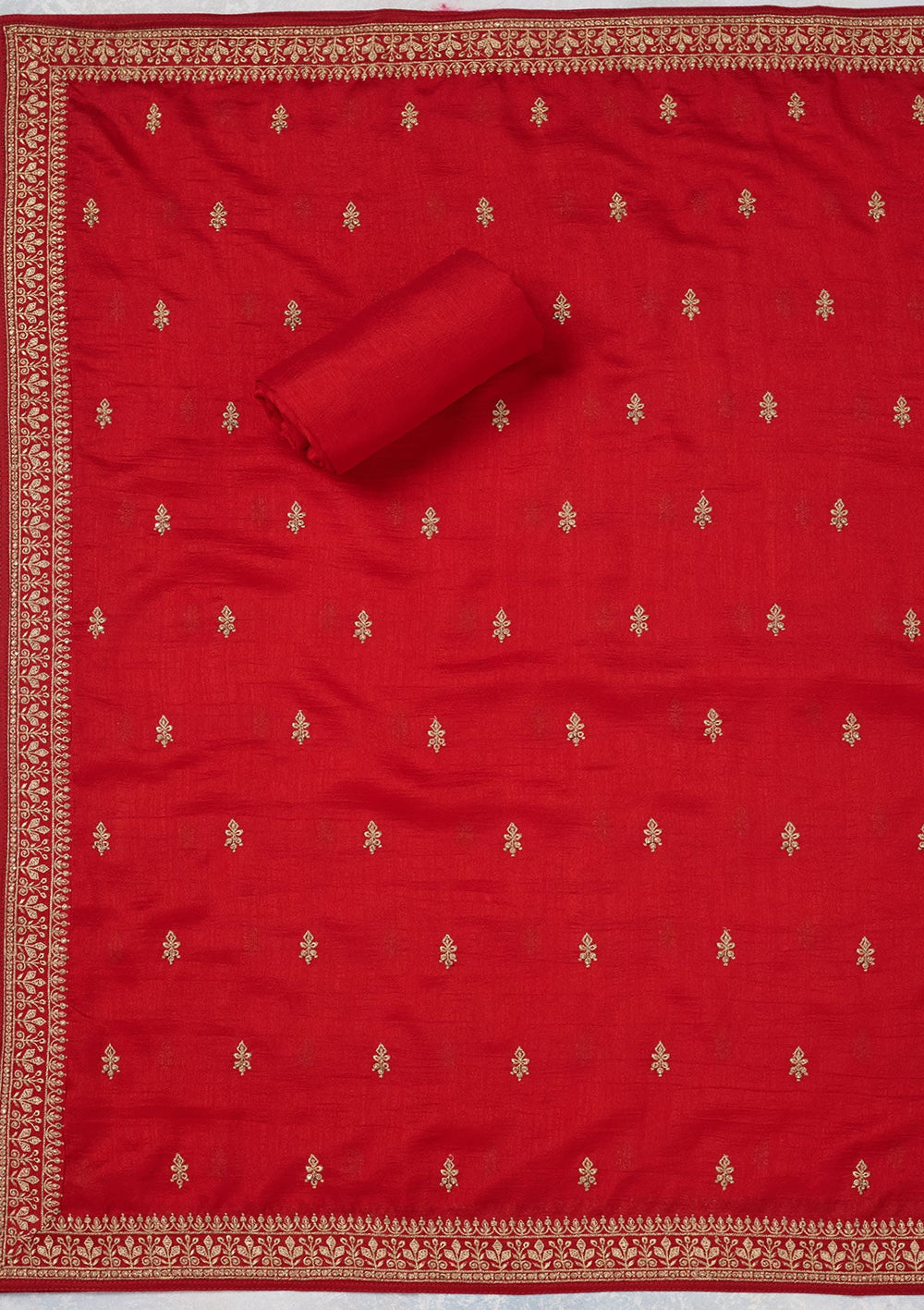 Red Zariwork (Gold) Soft Raw Silk Unstitched Salwar Suit-Koskii
